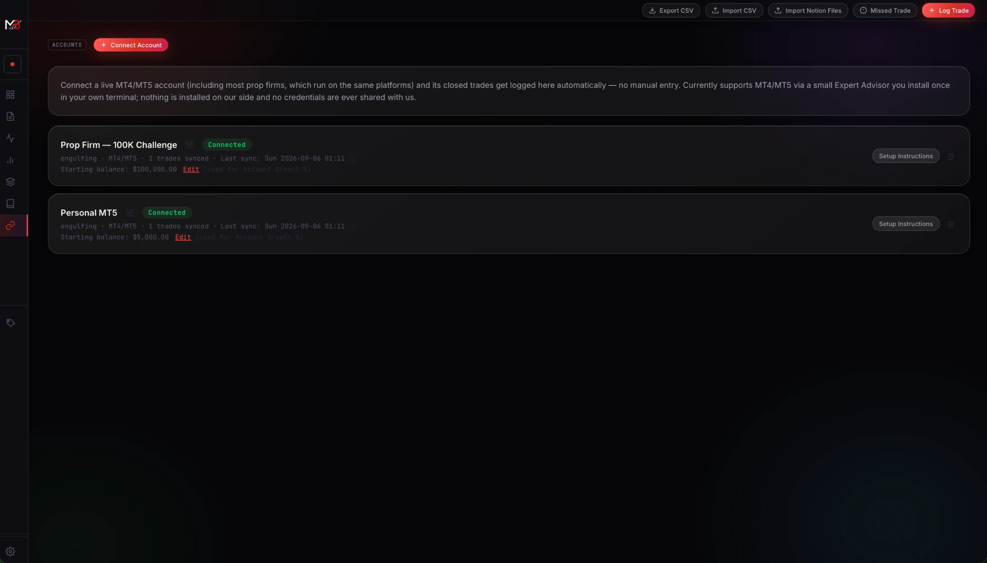 MB Trade Lab Accounts page showing two connected MT4/MT5 accounts with live balances
